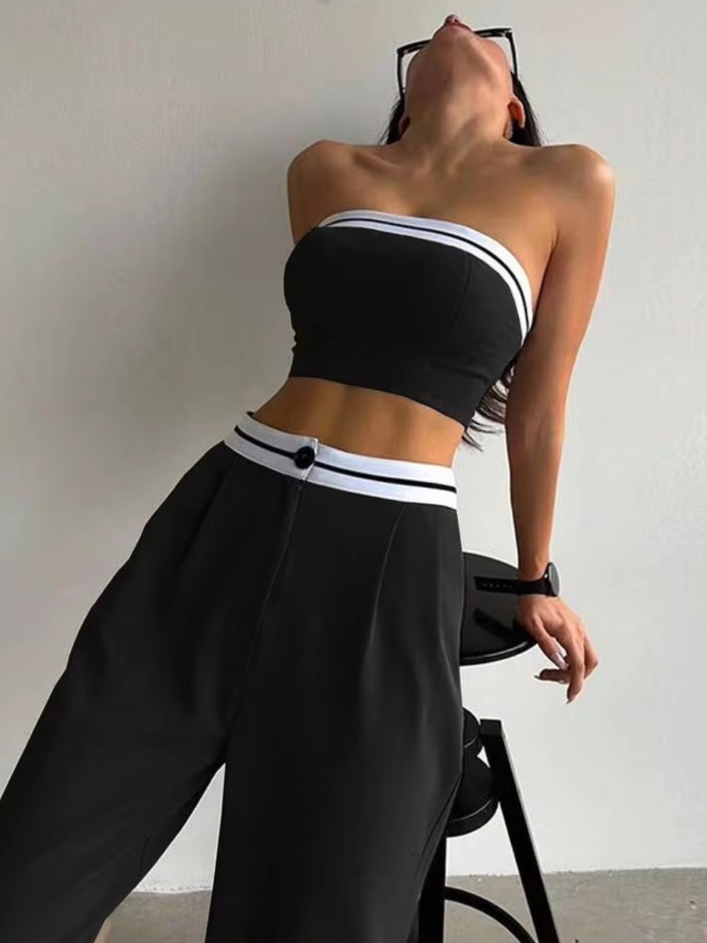 2pcs Set Women Contrast Color Bandeau Top And Pants